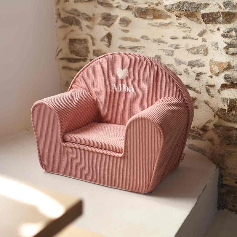 Fauteuil club enfant - Velours côtelé rose - côté