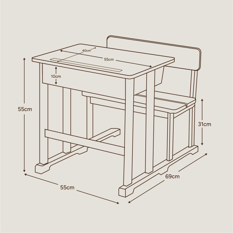 bureau pupitre maternelle enfant - schéma dimension