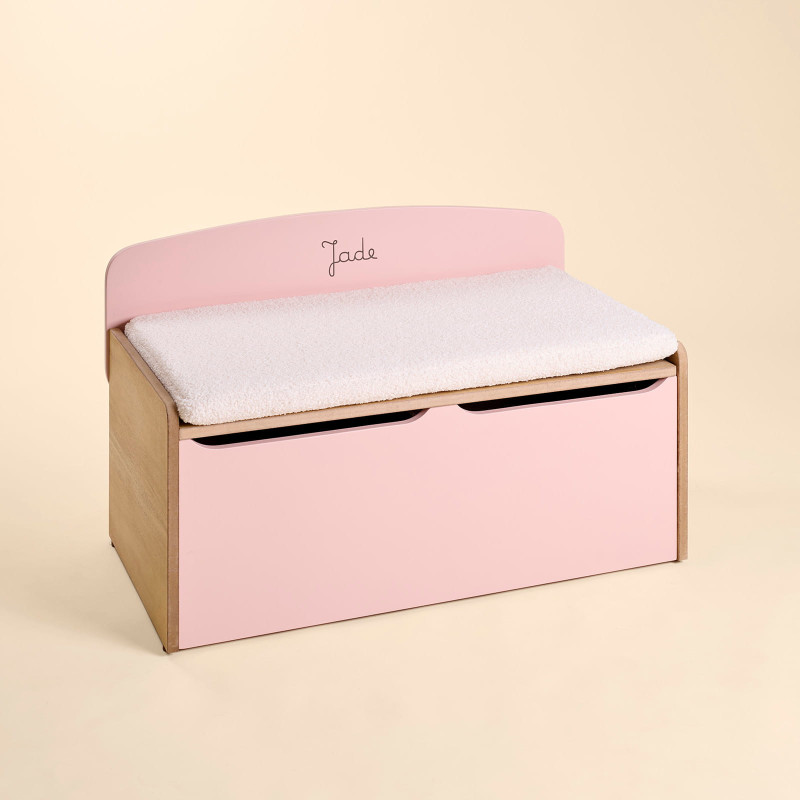 coffre à jouet rose coussin sherpa écru
