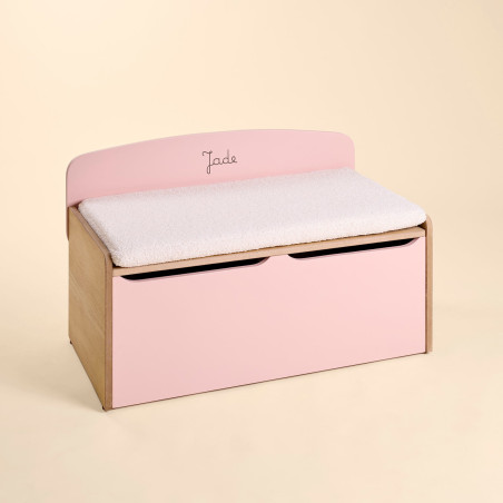 coffre à jouet rose coussin sherpa écru